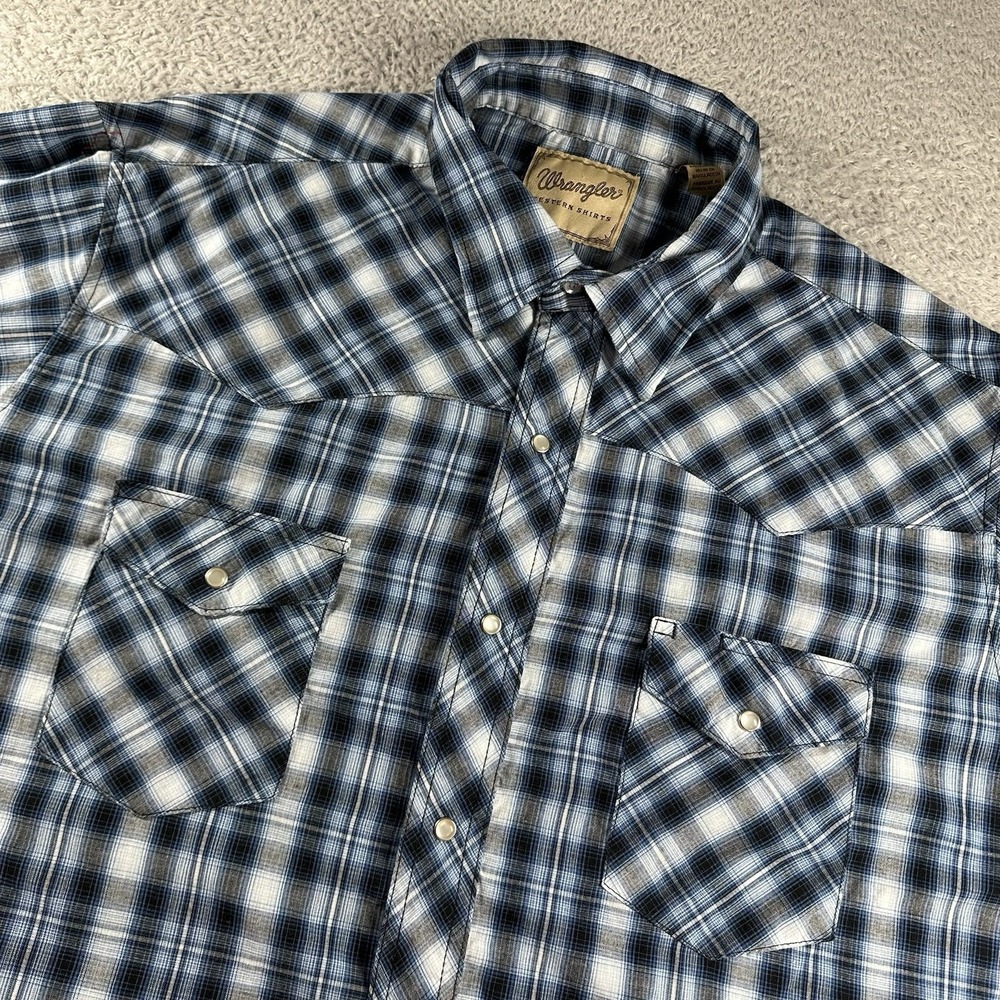 Wrangler‎ Western Shirt Mens XXL 2x Blue Plaid Peal Snap Country Cowboy
